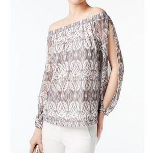 INC Gray Print Off the Shoulder Peasant Top